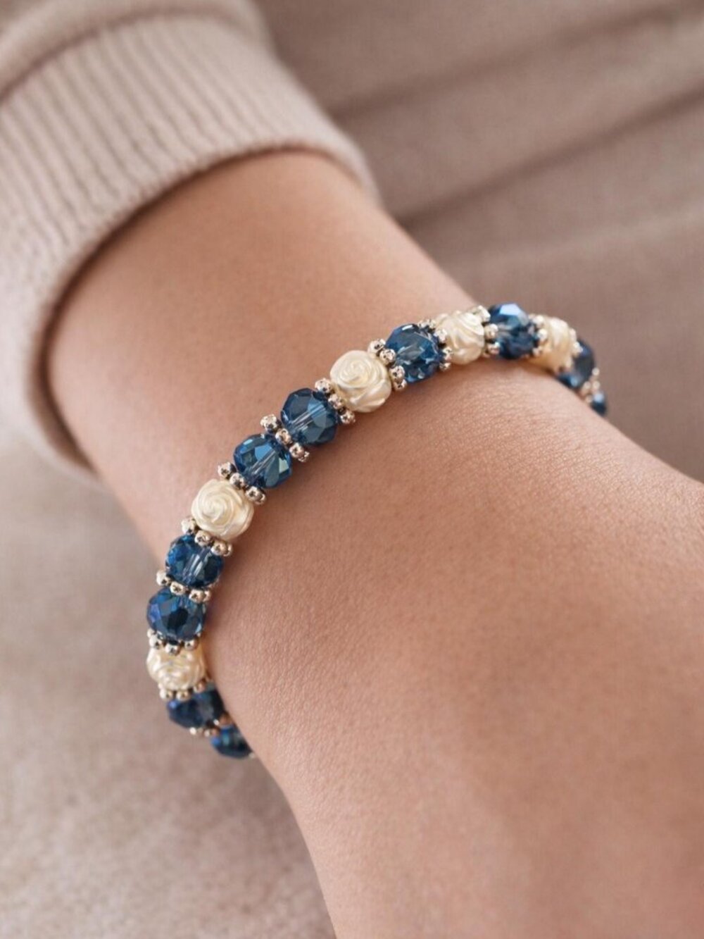 Handmade 6.5" Blue Austrian Crystals & White Rose beads Stretch Bracelet